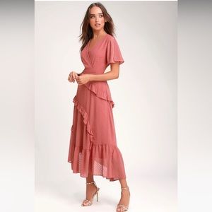 Next to You Rusty Rose Swiss Dot Ruffle Midi Dress